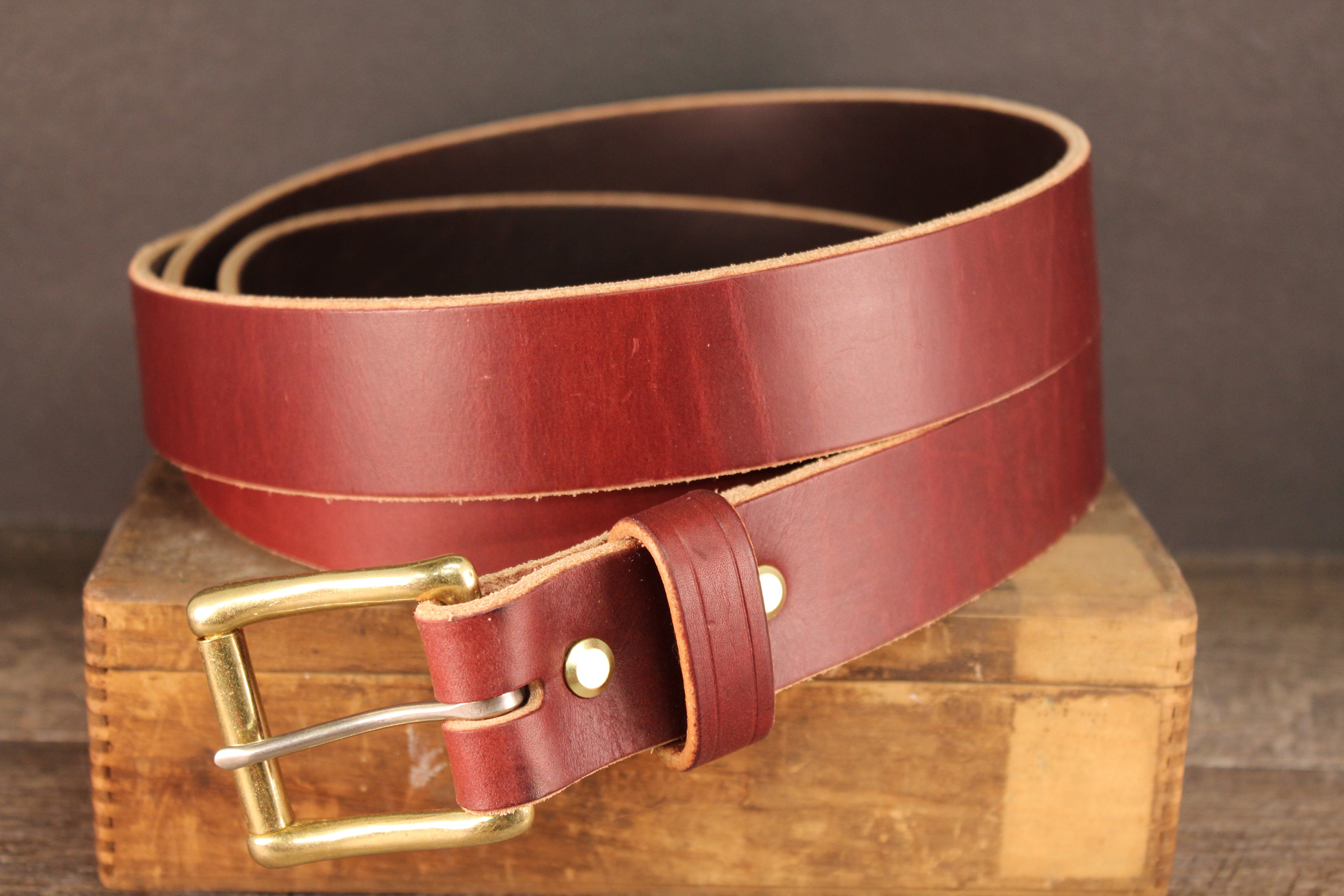 Wickett and Craig Burgundy Latigo Belt with Brass Hardware